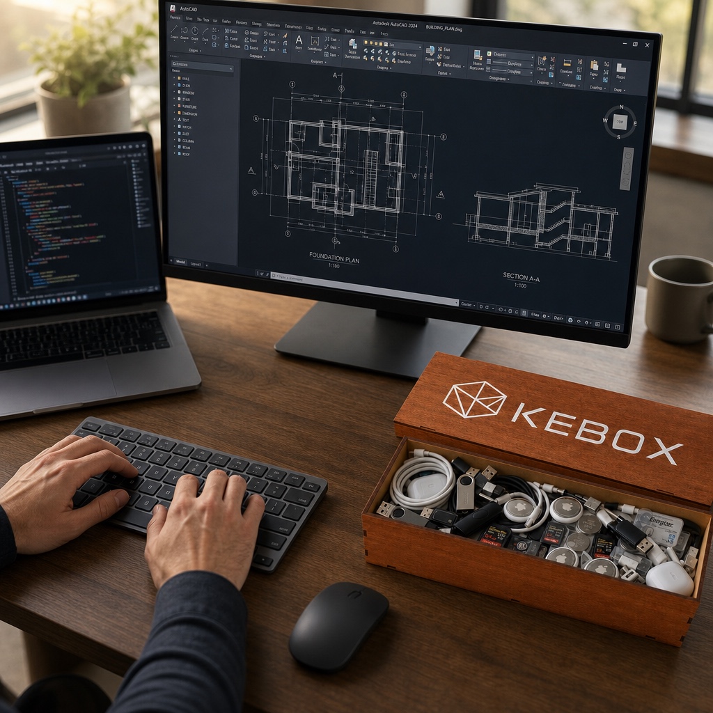 Escritorio de un profesional en tecnología con su pedido consolidado de Kebox